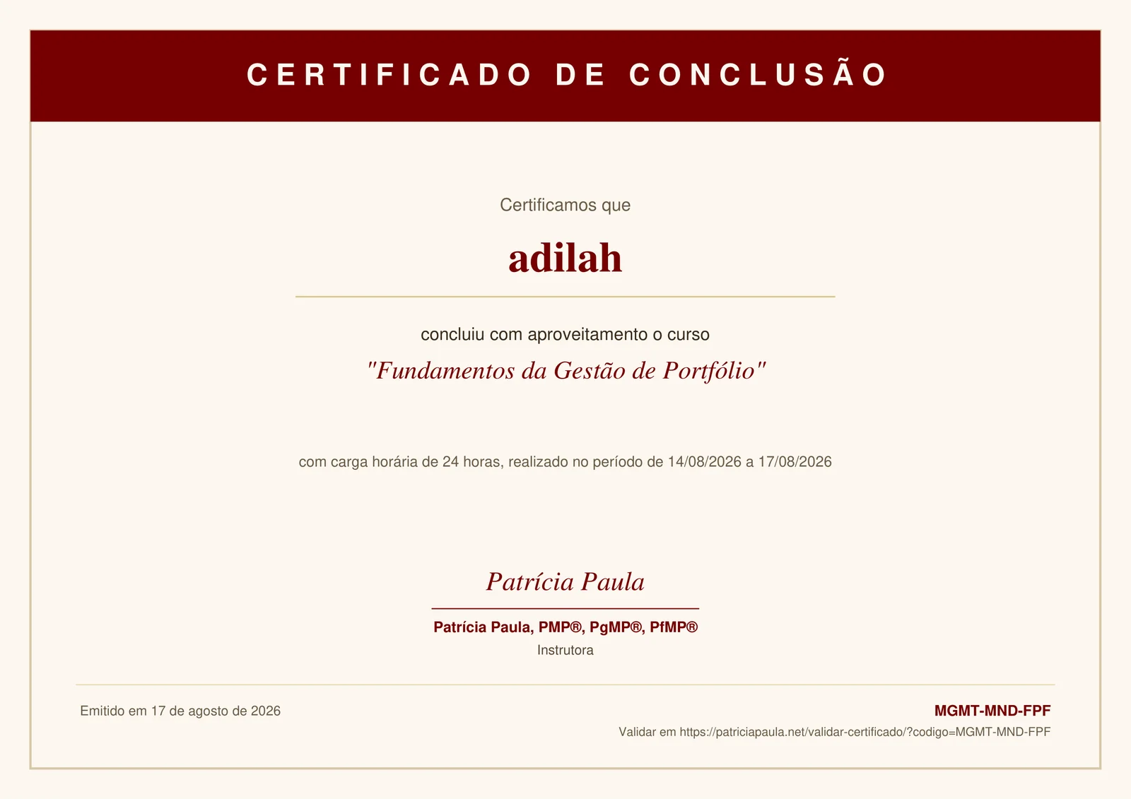 Patrícia Paula: o certificado